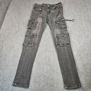 Serenede‎ Mens Fitted Denim Cargo Jeans Black Faded Stretch Streetwear Size 34
